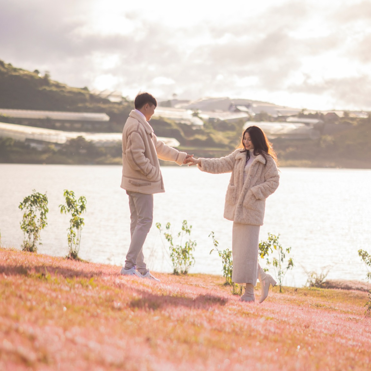 Couple enjoying scenic views at Pink Grass Hill on the Da Lat Land Tour, a seasonal attraction in Da Lat.