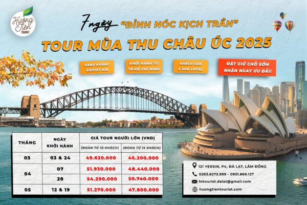 Poster quảng cáo Tour Mùa Thu Châu Úc 2025 với cảnh Sydney