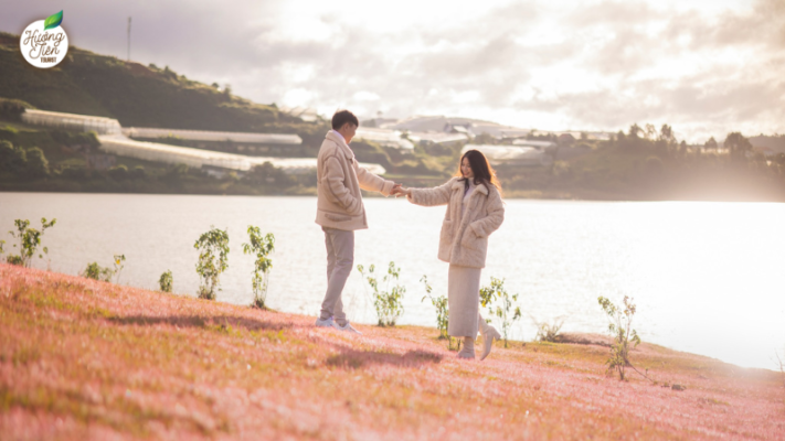 Couple enjoying scenic views at Pink Grass Hill on the Da Lat Land Tour, a seasonal attraction in Da Lat