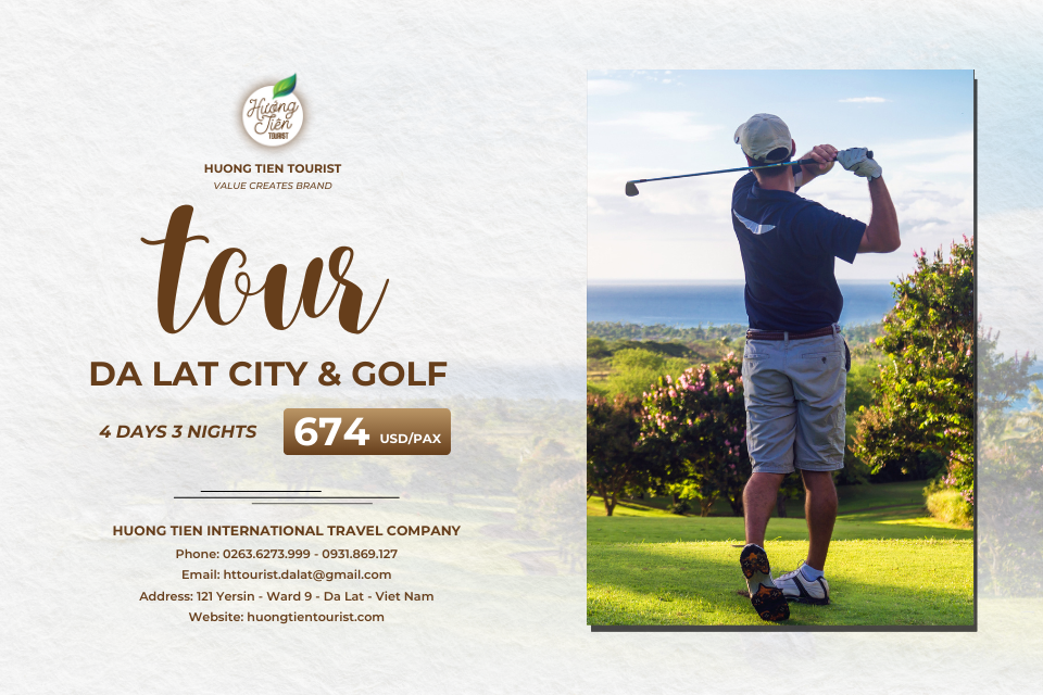 Da Lat City & Golf Tour package advertisement with golfer