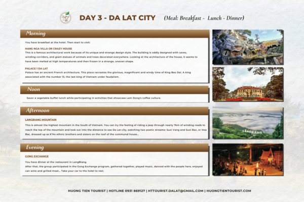 Day 3 itinerary of Da Lat City tour with attractions and activities