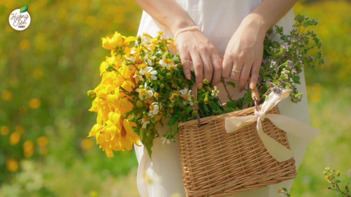 Close-up of a basket filled with wild sunflowers, symbolizing Dalat's seasonal beauty