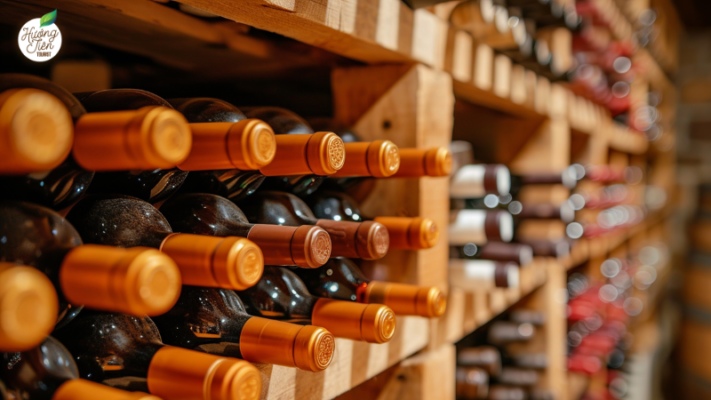 Bottles in a wine cellar, where travelers taste local wines during the Dalat Tour.