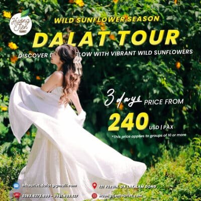 Huong Tien Tourist's 3-day Dalat Land Tour poster, highlighting the wild sunflower season and scenic Dalat itinerary