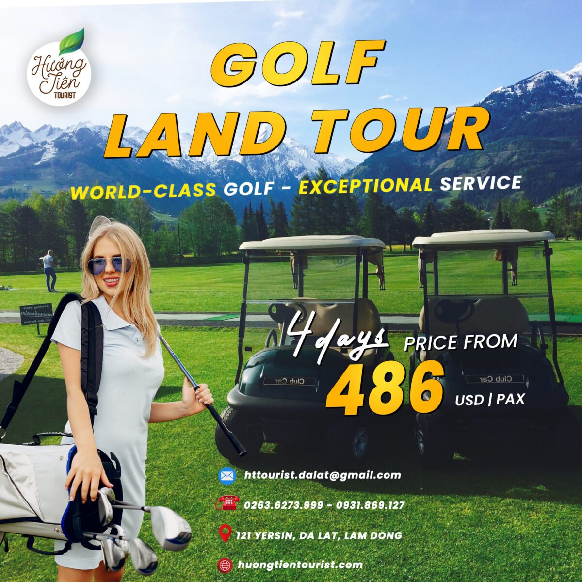 Huong Tien Tourist's 4-day Land Golf Tour in Dalat, offering world-class golf and exceptional service, with prices starting from 486 USD per person.