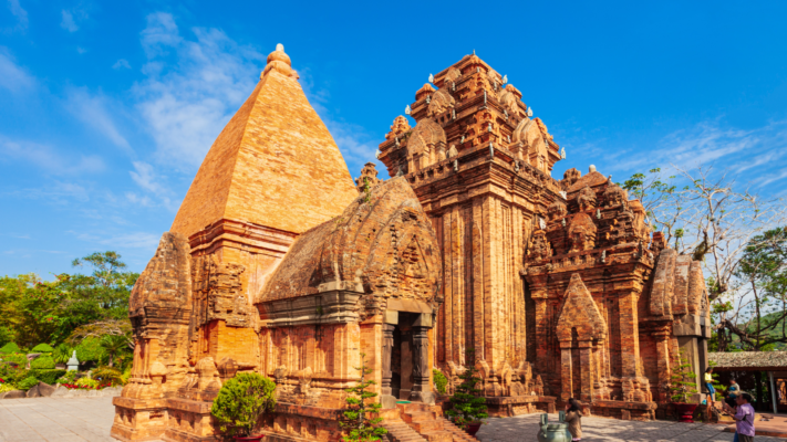 Ancient Po Nagar Cham Towers overlooking the river in Nha Trang, Vietnam.