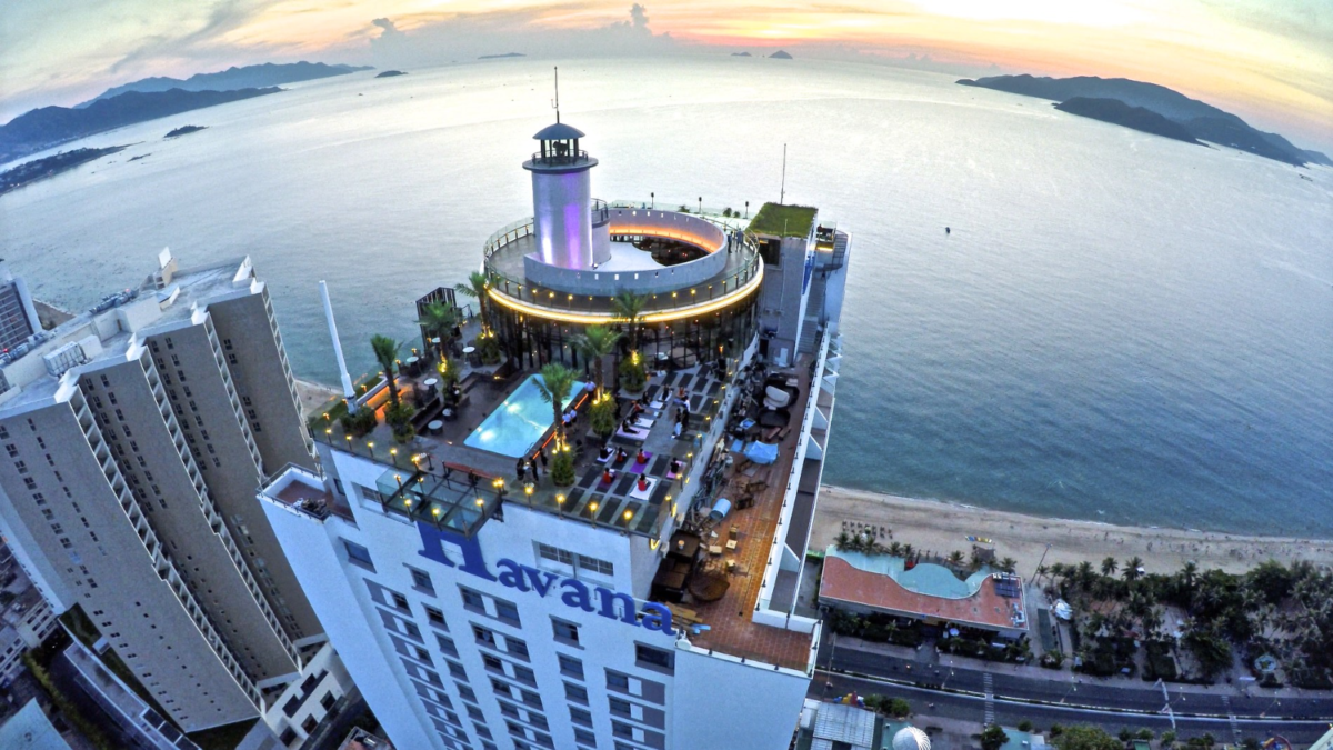 Panoramic city and coastal views from Skylight Rooftop Bar in Nha Trang, Vietnam.