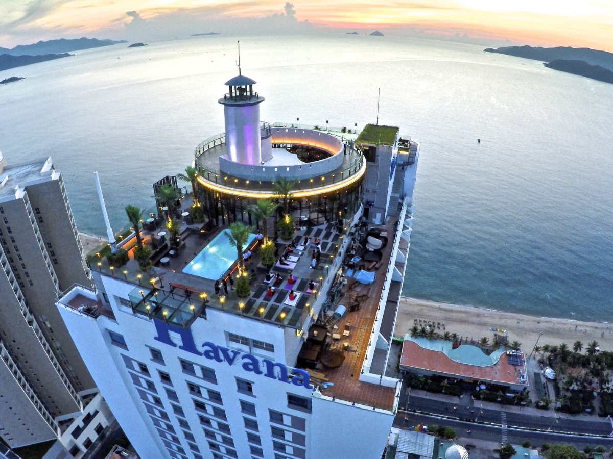 Panoramic city and coastal views from Skylight Rooftop Bar in Nha Trang, Vietnam.