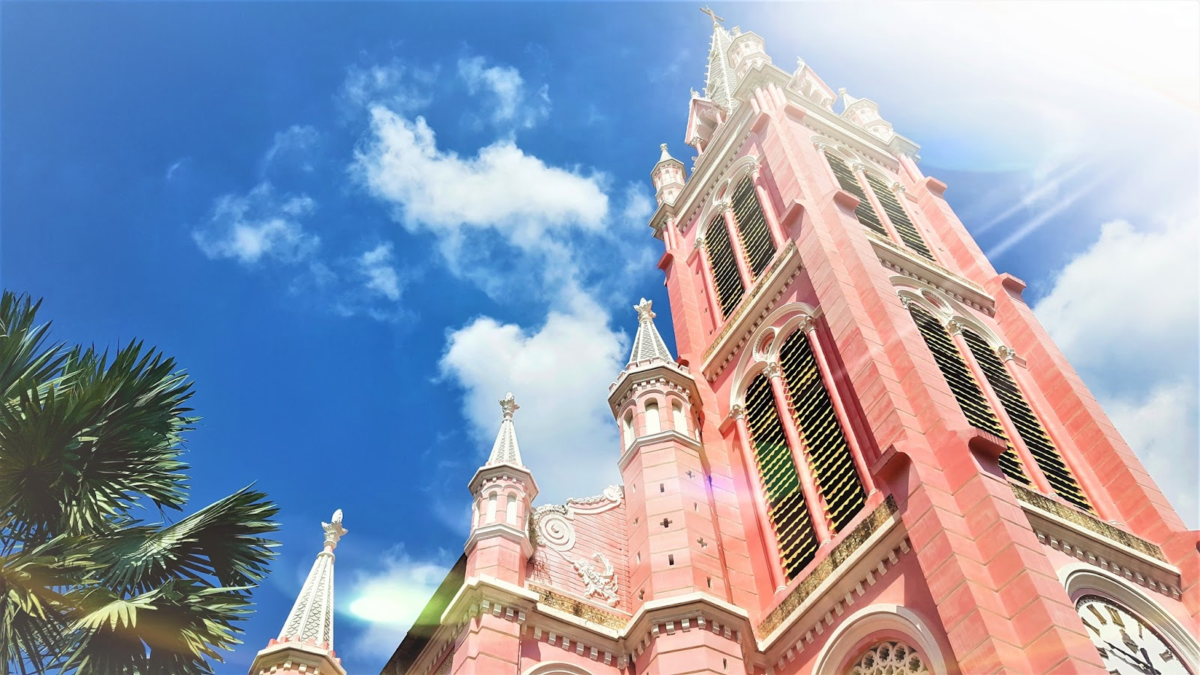 Bright pink facade of Tan Dinh Church in Ho Chi Minh City, Vietnam