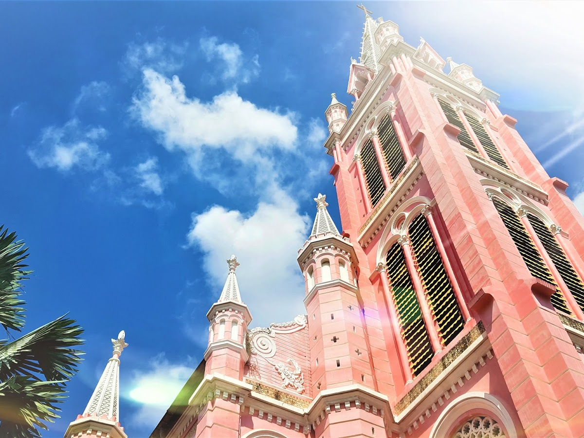 Bright pink facade of Tan Dinh Church in Ho Chi Minh City, Vietnam