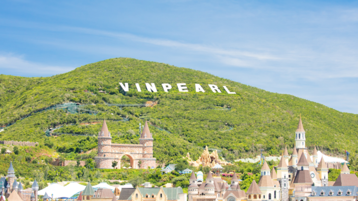 Vinpearl Land amusement park in Nha Trang, Vietnam, with water slides and scenic beach views