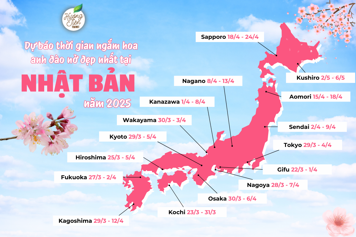 Sơ đồ thời gian hoa anh đào Nhật Bản nở rộ tại các địa điểm nổi bật vào mùa xuân 2025