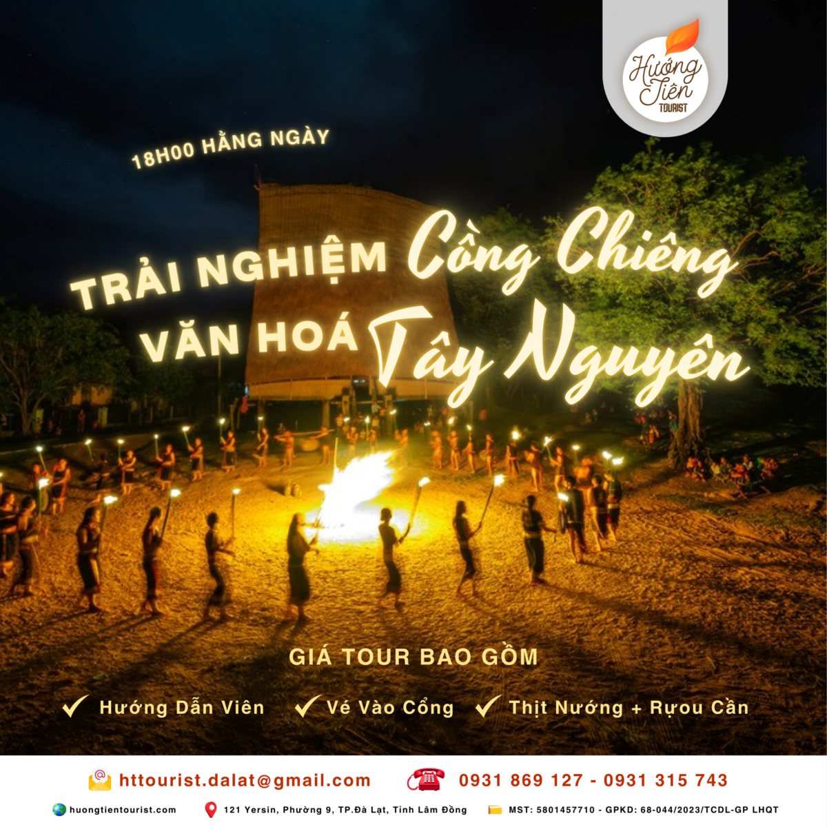 Tour Cồng Chiêng Đà Lạt - Trải nghiệm văn hóa Tây Nguyên, nhảy múa bên lửa trại, thưởng thức thịt nướng và rượu cần, tổ chức hàng ngày lúc 18h. Liên hệ Hương Tiên Tourist để đặt tour.