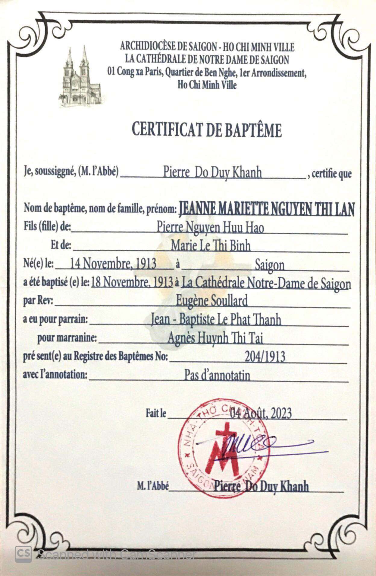 giấy khai sinh nam phương hoàng hậu