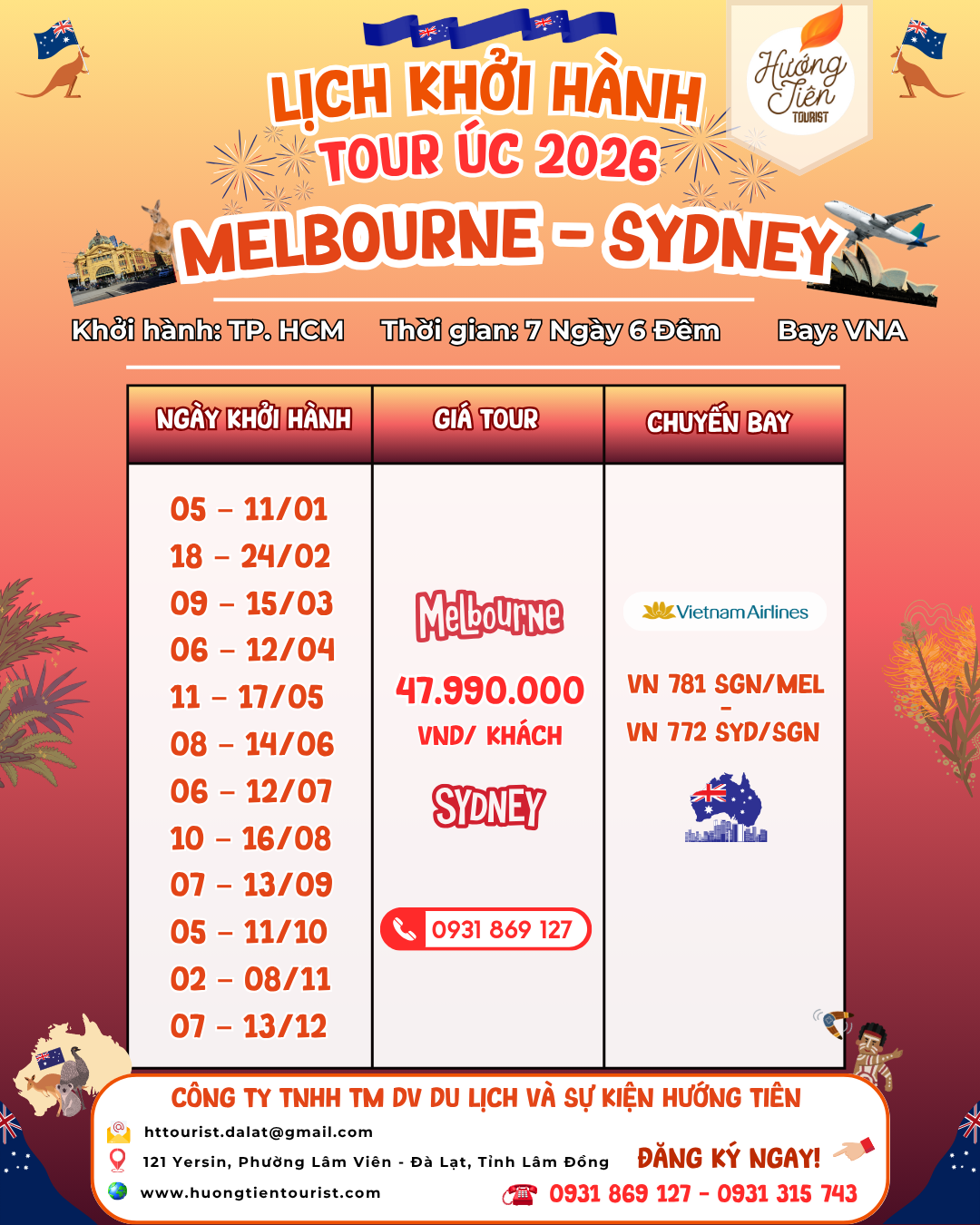 lịch khởi hành tour úc 2026