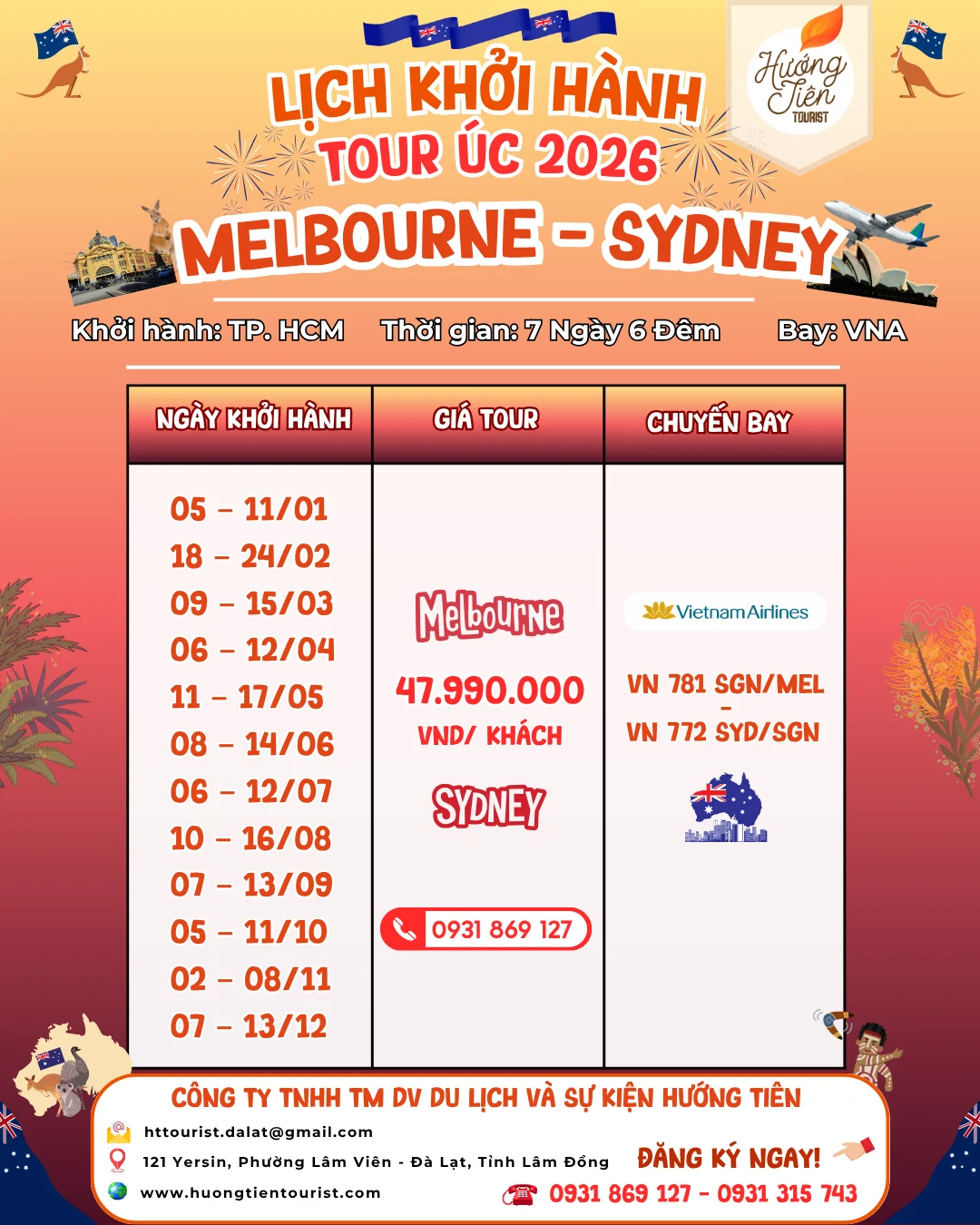 lịch khởi hành tour úc 2026