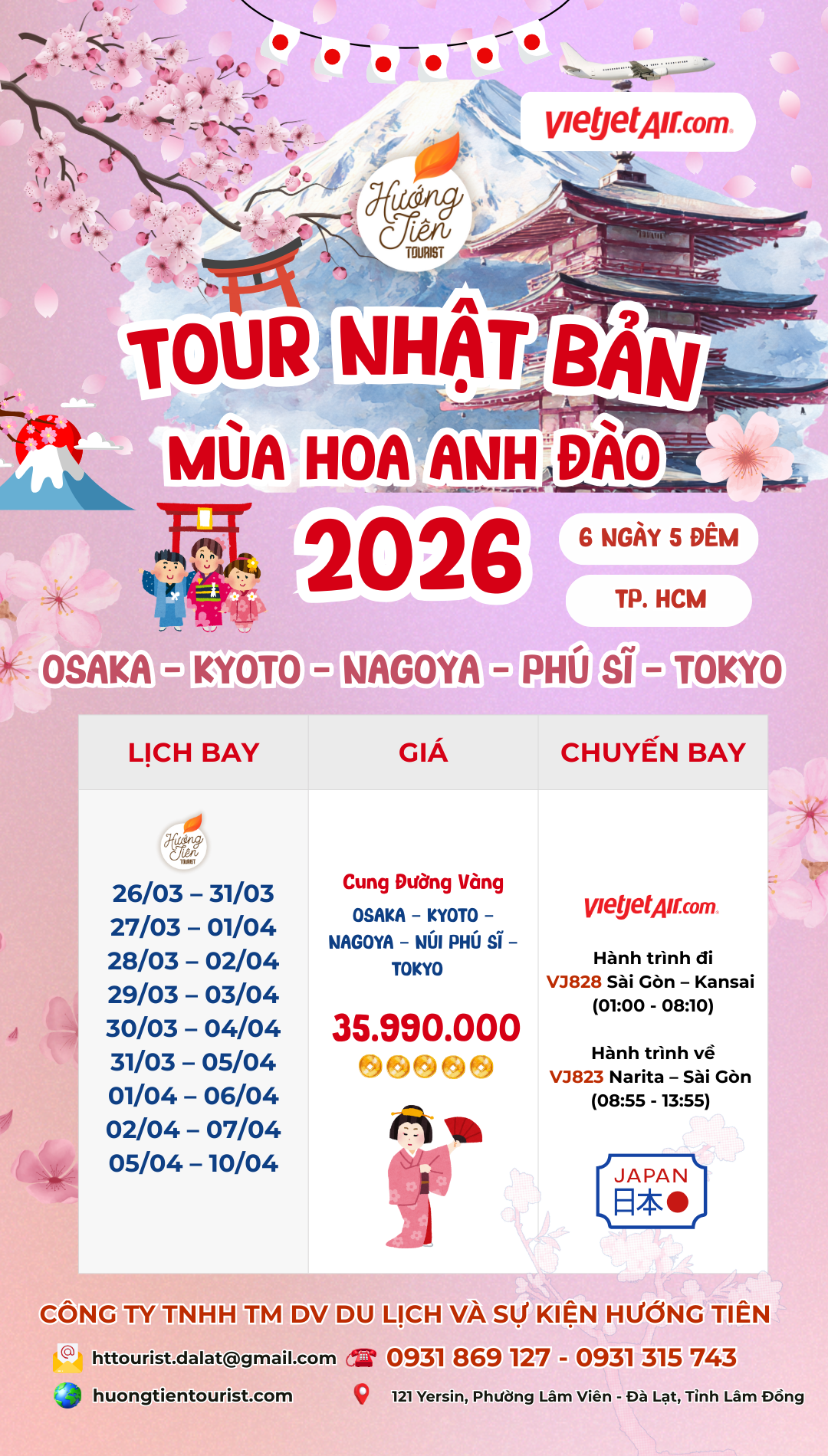 Lịch tour nhật bản hoa anh đào 2026 bay VJ