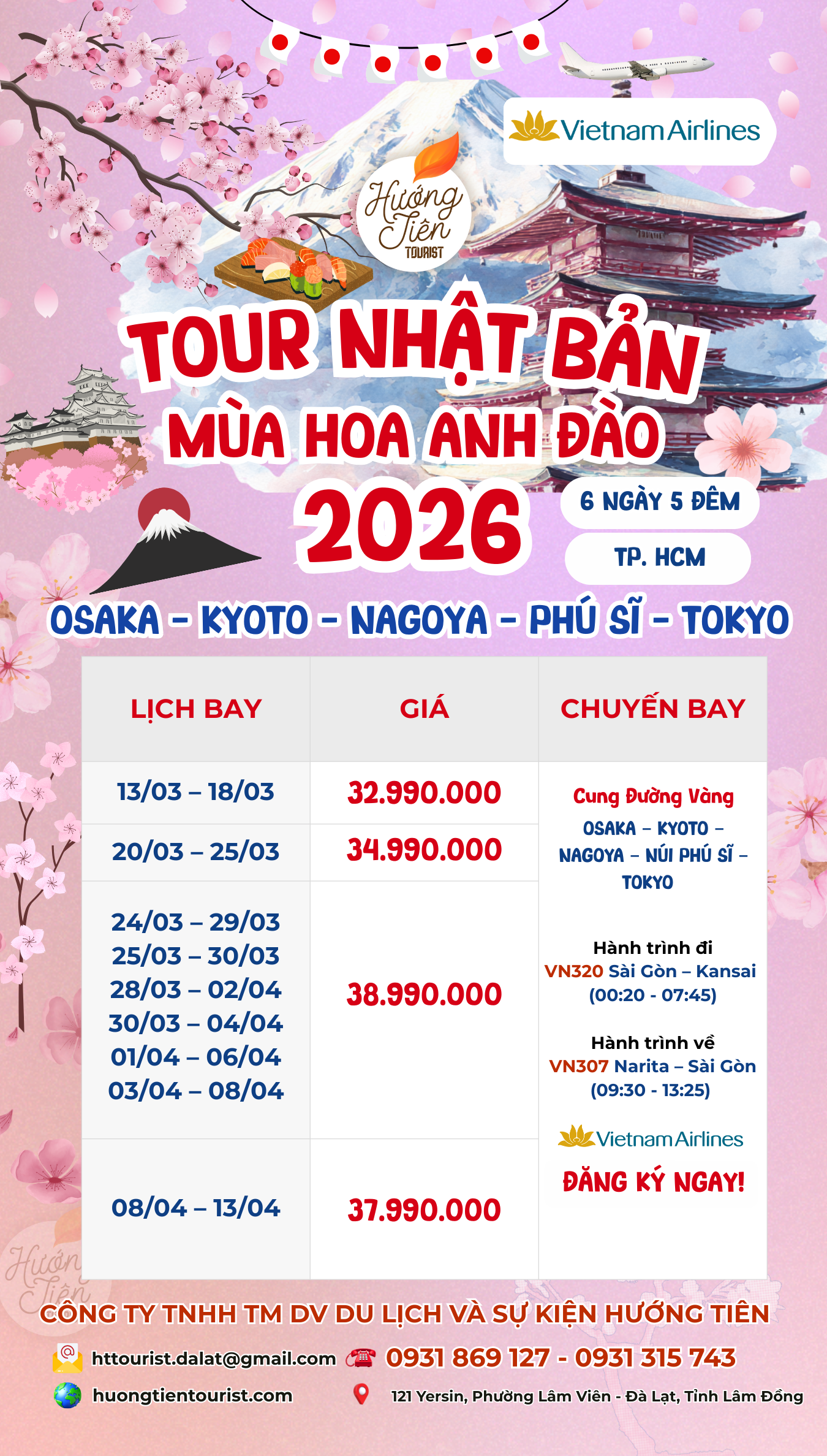 Lịch tour nhật bản hoa anh đào 2026 bay VNA