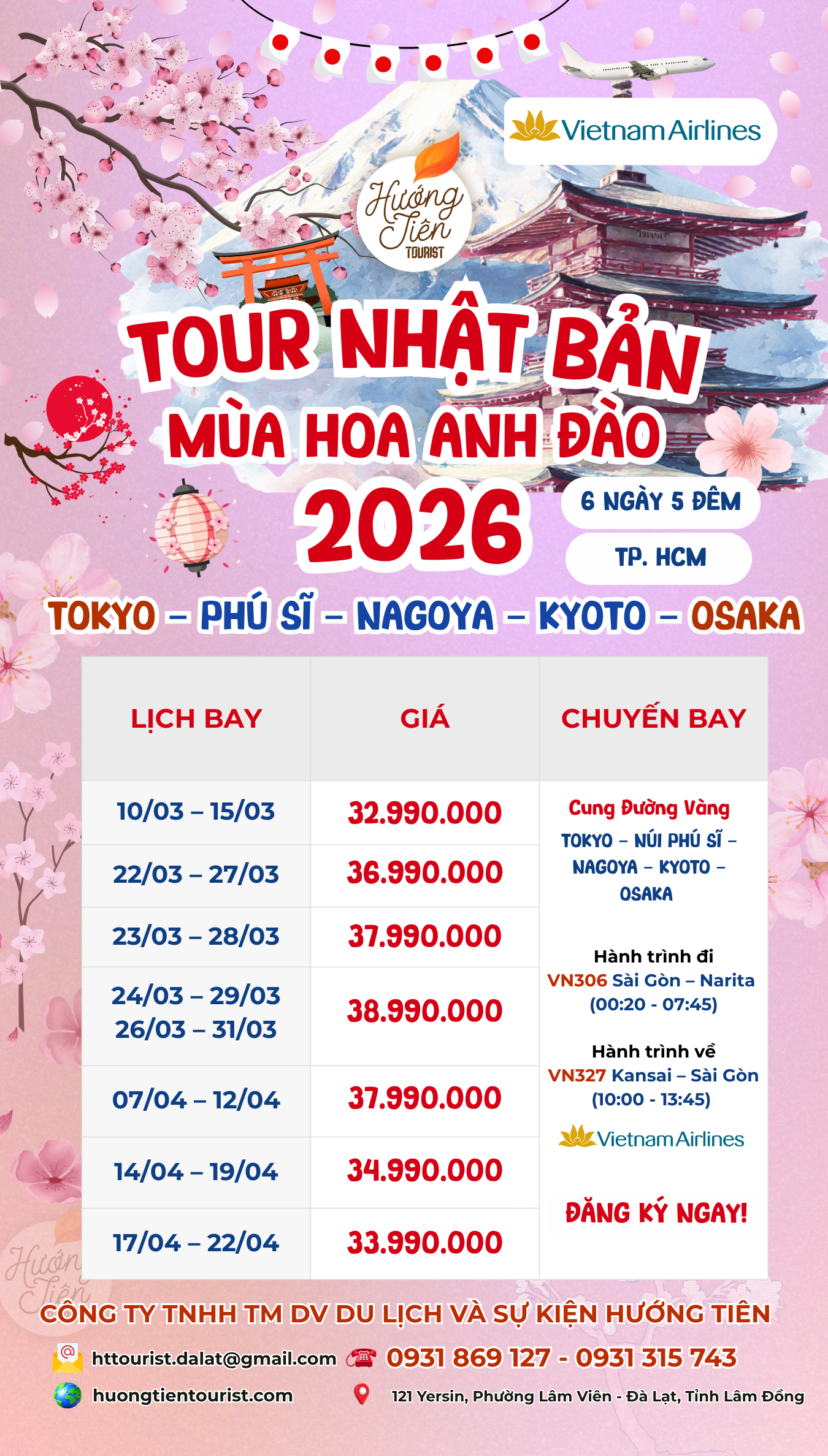 Lịch tour nhật bản hoa anh đào 2026 bay VNA