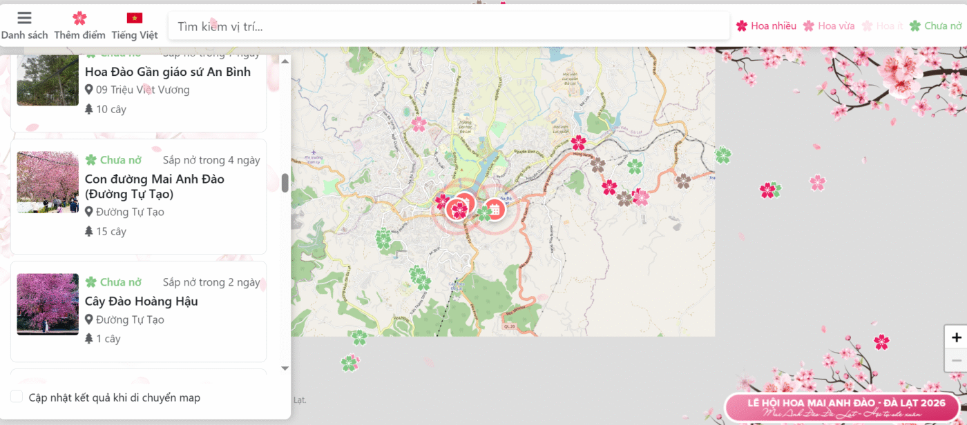 Bản đồ hoa mai anh đào Đà Lạt 2026